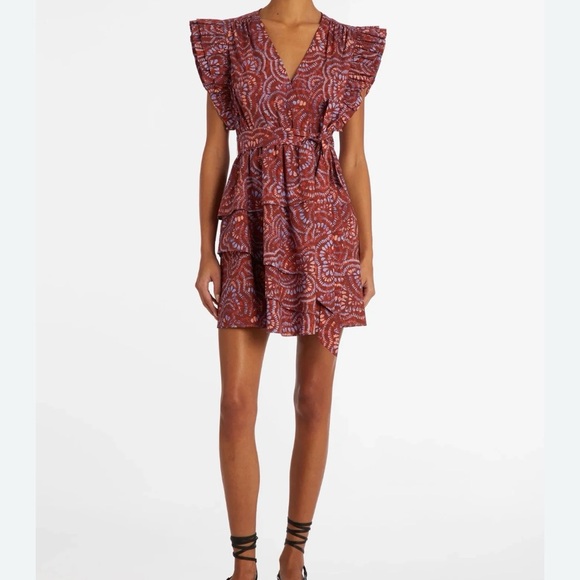Marie Oliver Fiona Cranberry Burst V~Neck Ruffle Tiered Belted Mini Dress Sz XS
